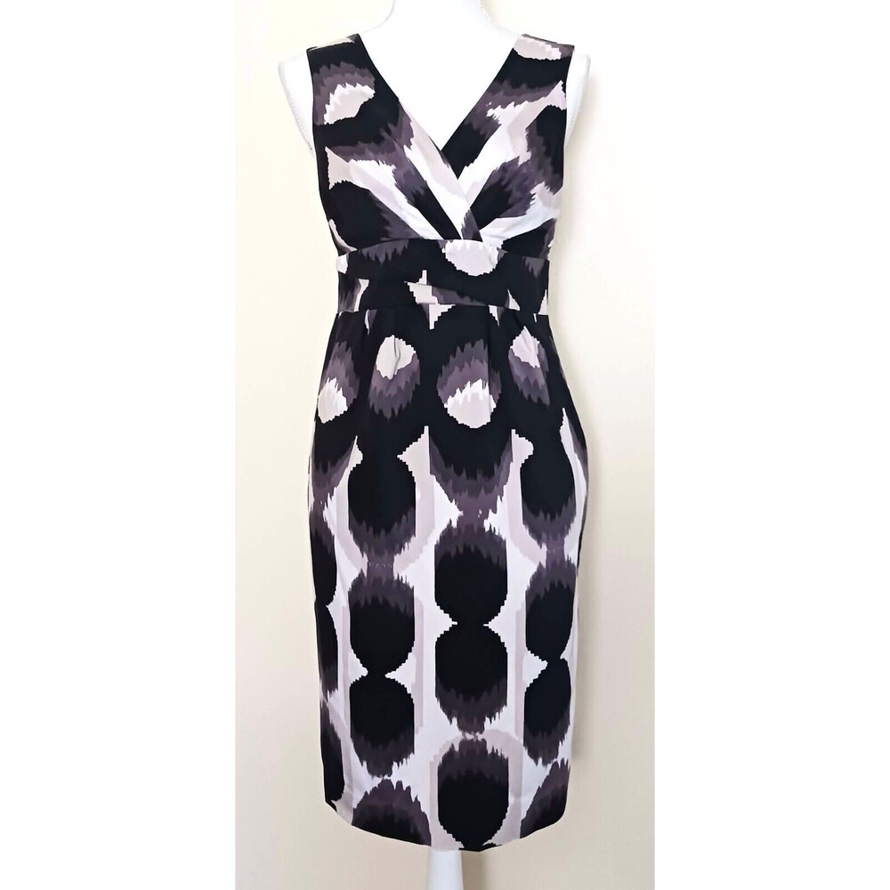 Boden Sleeveless Sheath Dress Criss Cross Top Blk/Brown/Cream Print US 6